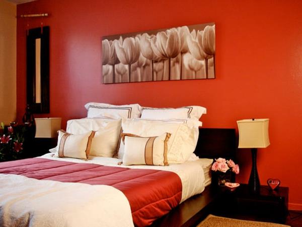 makuuhuoneen värit punainen seinä design -sänky