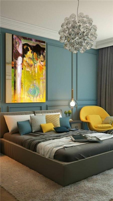 sisustusideoita moderniin makuuhuoneeseen keltaisia ​​lisävarusteita ja keltaisia ​​nojatuoleja