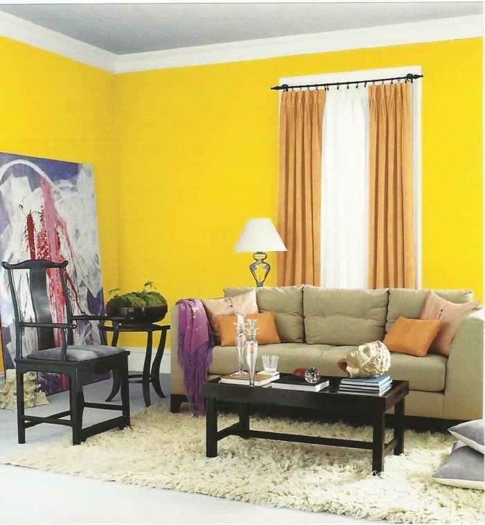 sisustusideoita olohuoneen keltaisille seinille ja beige -olohuoneen sohvalle