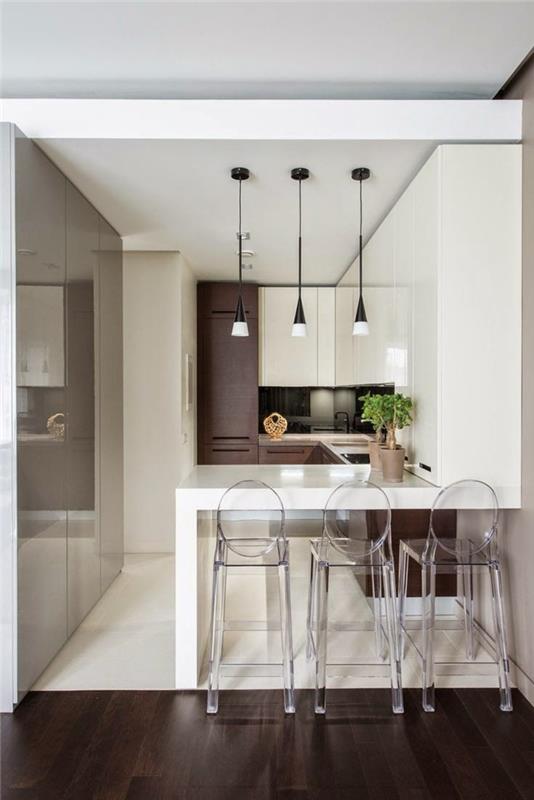 sisustusideoita-keittiön sisustusvinkkejä baarituoli baaritiski valkoinen läpinäkyvä minimalistinen olo moderni keittiö