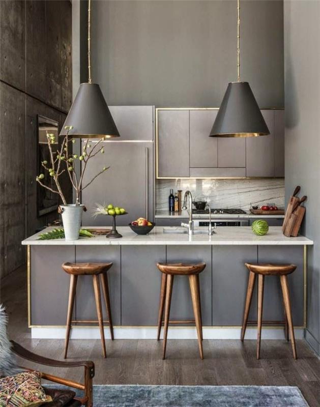 sisustusideoita keittiökalusteiden vinkit baarijakkara puu skandinaavinen design baaripöytä marmori harmaa riippuvalaisin kartion muotoinen