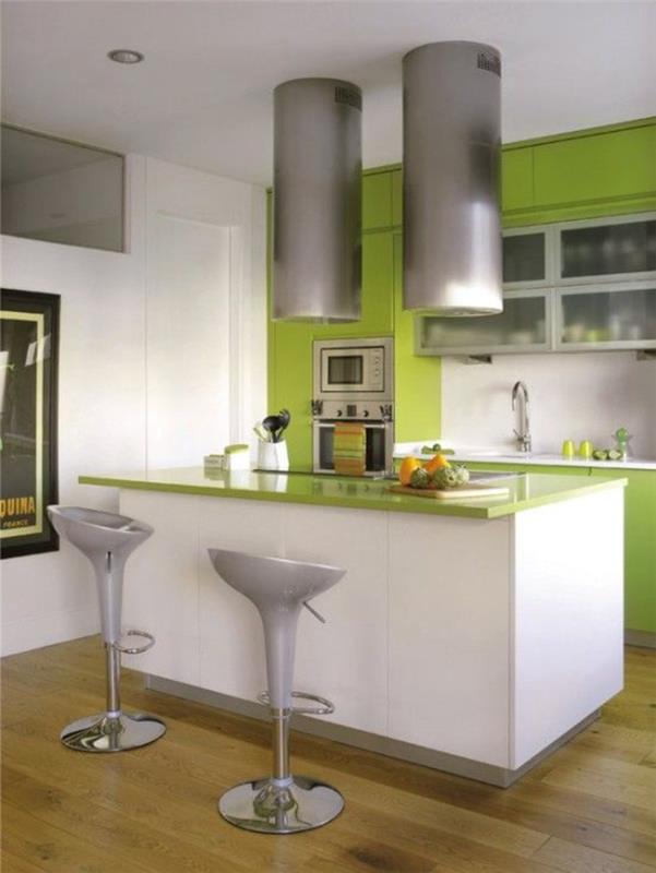 sisustusideoita keittiön sisustusvinkkejä futuristinen muotoilu baarituoli baaripöytä omenanvihreä valkoinen korkeakiiltoinen etuosa moderni asuminen