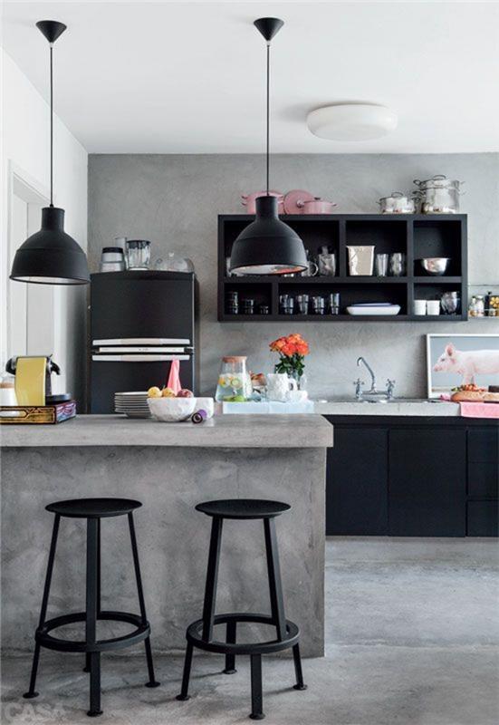 sisustusideoita keittiö n moderni elävä betoninen baaritiski baarituolit musta riippuvalaisimet