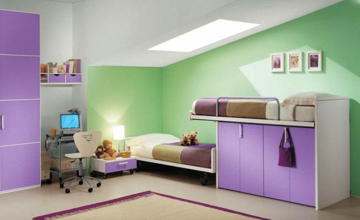 sisustusideoita lastenhuoneen vihreä seinäväri violetti huonekalusänky
