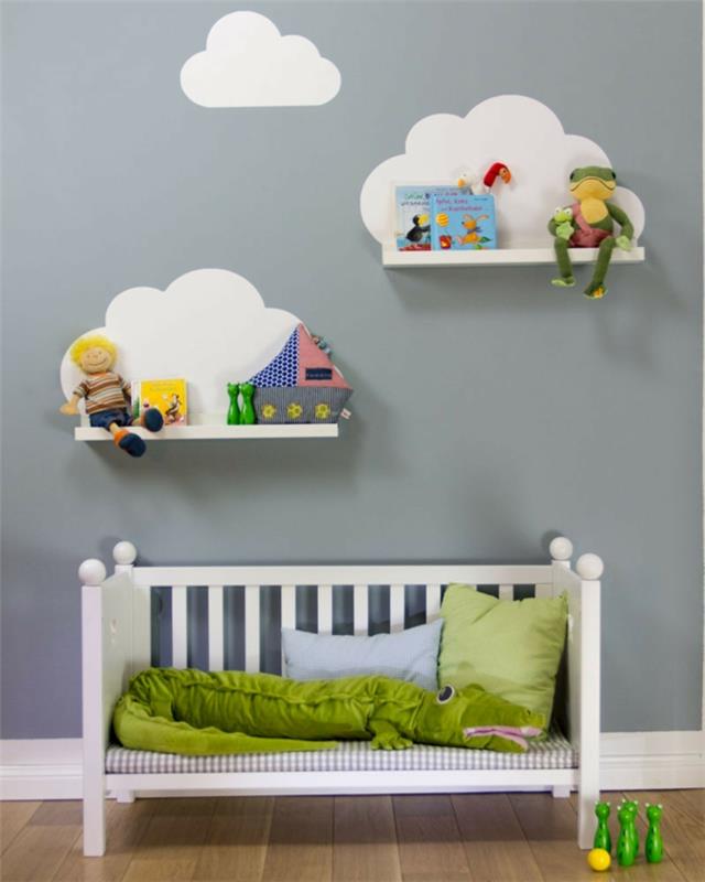 säilytystilaa lastenhuone avoimet seinähyllyt pilvet luovat käsityöideat