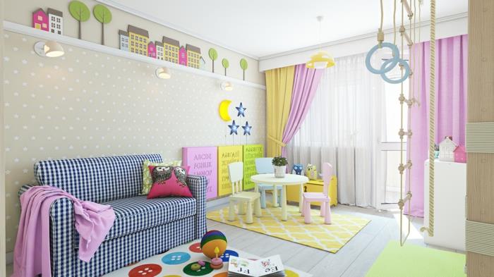 sisustusideoita lastenhuoneen sohva -alueet värilliset koristeelliset violetit verhot