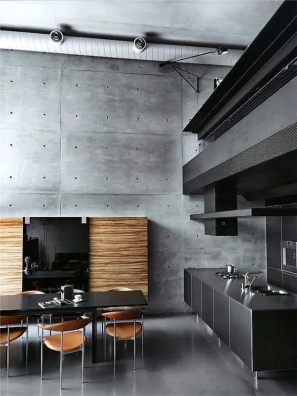 sisustusideoita keittiö moderni betoniseinät seinän suunnittelu parvi huoneisto ruokapöytä pitkät tuolit nahka