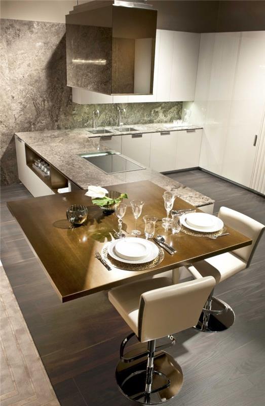 sisustusideoita keittiö moderni olohuone ruokapöytä keittiö saari tuolit nahka valkoinen työtaso marmori