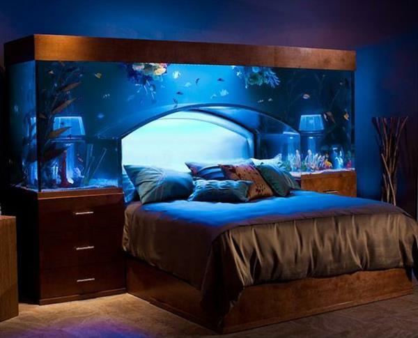 sisustusideoita makuuhuoneen sänky akvaario