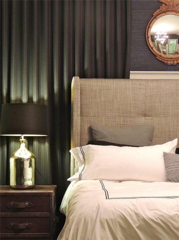 makuuhuoneen sisustusideoita tyylikkäät vihreät verhot houkutteleva yölamppu