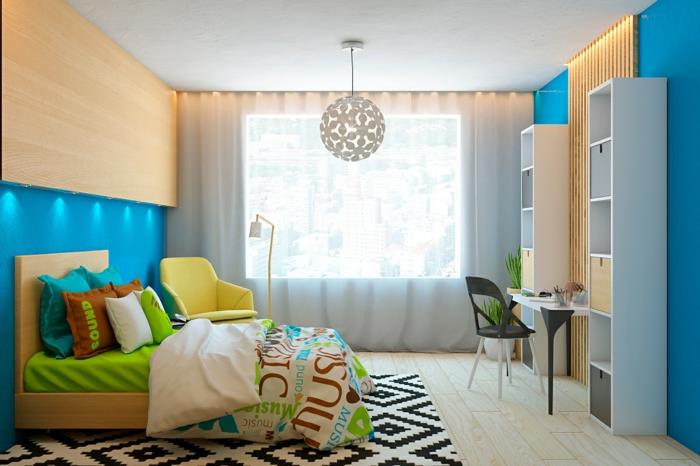 sisustusideoita makuuhuoneen suunnittelu sininen keltainen matto ilmavat verhot