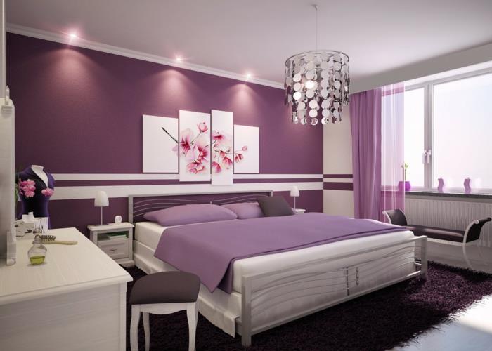 sisustusideoita makuuhuoneen suunnittelu violetti seinän väri valkoinen huonekalut