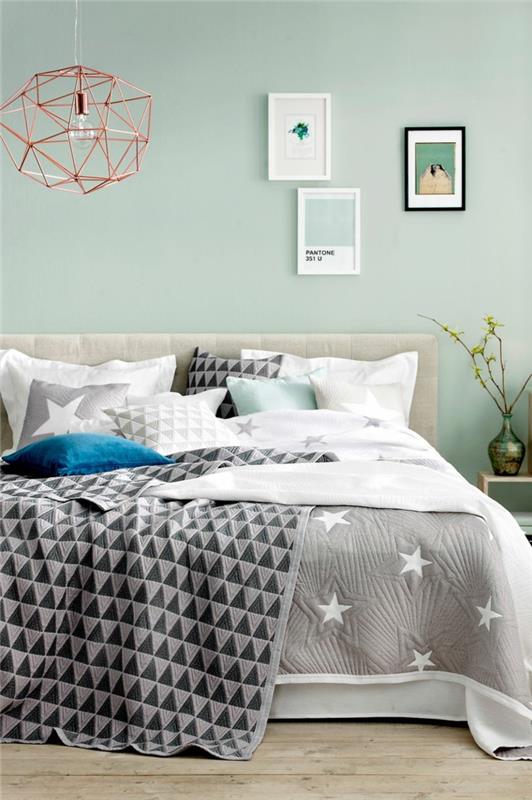 sisustusideoita makuuhuoneen vaaleanvihreät seinät yhdistävät kuvioita