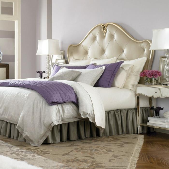 sisustusideoita makuuhuone violetti aksentti naisellinen matto