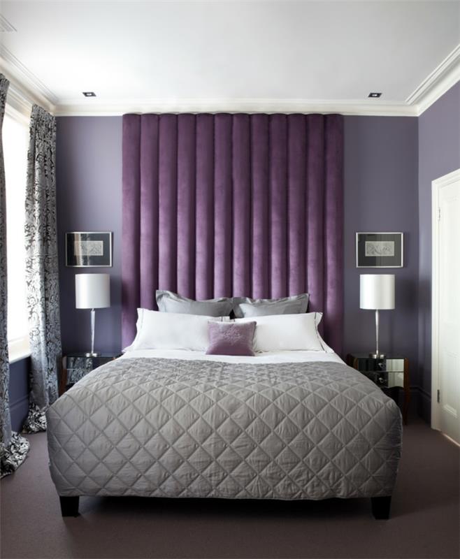sisustusideoita makuuhuone violetti vivahteita tyylikäs sänky sisustaa pieni makuuhuone