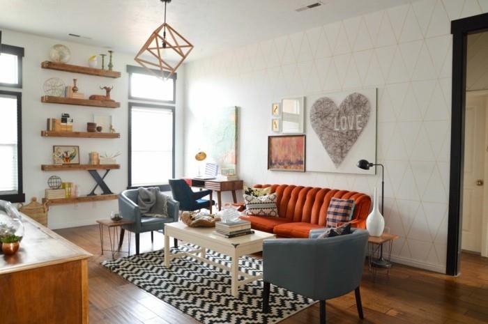 sisustusideoita vintage olohuoneen seinähyllyt oranssi sohva