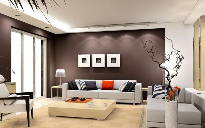 sisustusideoita olohuone ruskeat seinät beige sohvat minimalistinen sohvapöytä