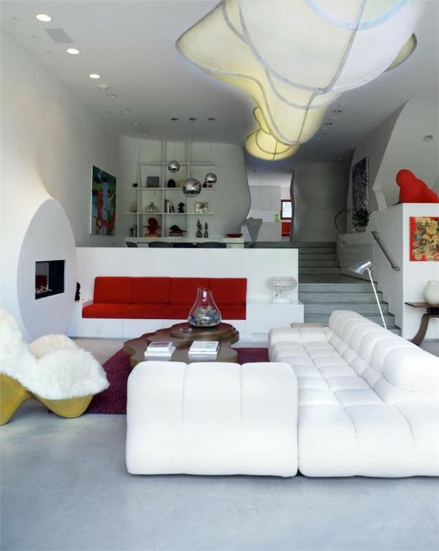 sisustusideat olohuone koristavat futuristisia valkoisia huonekaluja