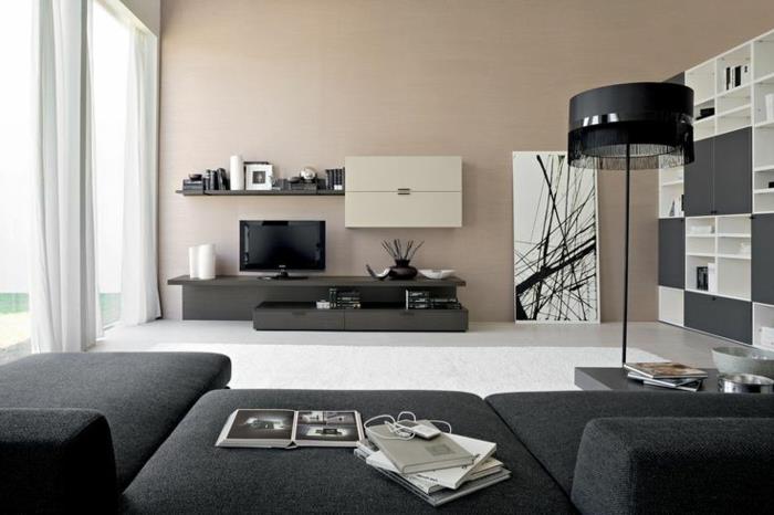 sisustusideoita olohuone harmaa huonekalut beige seinän väri