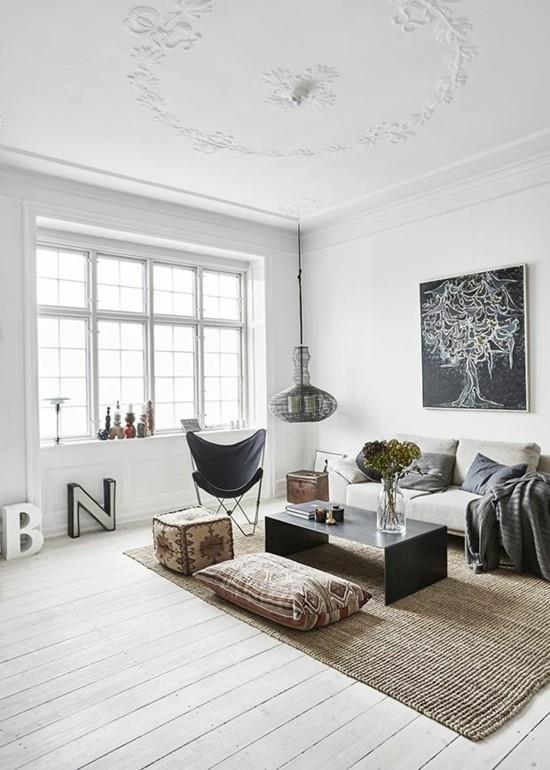 sisustusideoita olohuone scandi boho -tyyliin