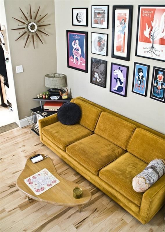 kuvat seinä olohuoneen huonekalut moderni trendikäs keltainen verhoilu
