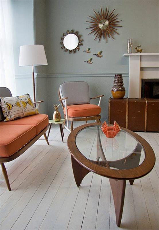 sisustus olohuoneen huonekalut moderni trendikäs puinen soikea pöytä