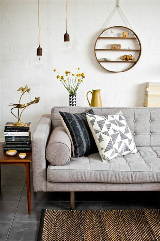 hehkulamput olohuoneen huonekalut moderni trendikäs sohva harmaa