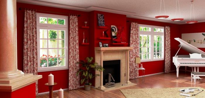 sisustusideoita olohuone punainen seinämaali piano kasvi tuoreita verhoja