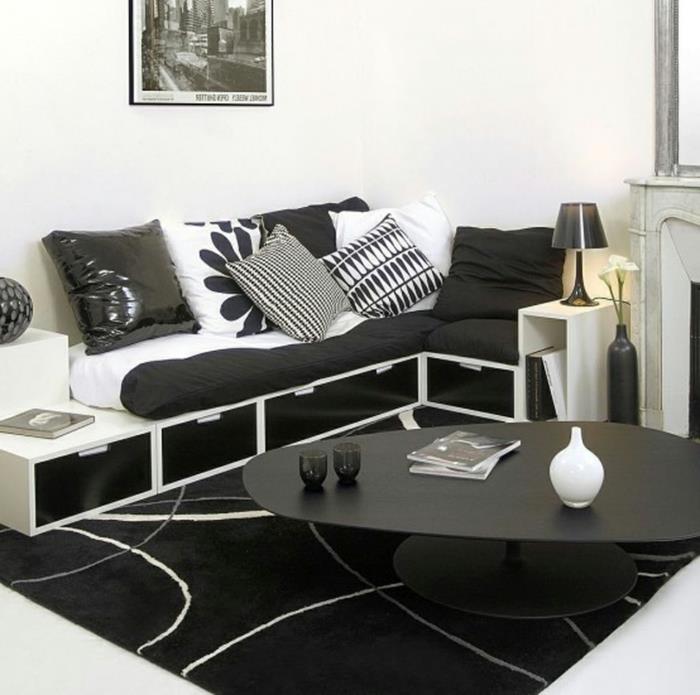 sisustusideoita olohuone valkoinen musta hieno sohvapöytä valkoinen lattiapäällyste