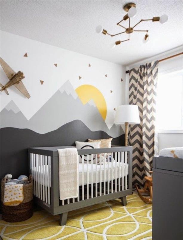 sisustusvihjeet lattia keltainen matto, seinän suunnittelu vauvan huone