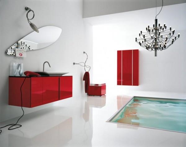 yksittäisiä huonekaluja punaisissa kylpyhuoneen suunnitteluideoissa