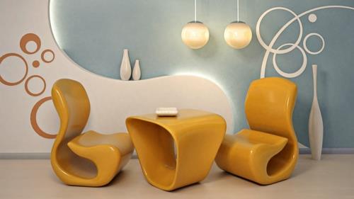 tyylikkäät olohuoneen kalusteet keltaiset tuolit sohvapöydät seinämaalit tatuointilamput