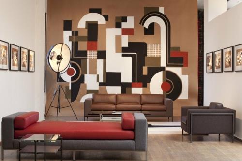 tyylikäs olohuoneen kalusteet sohva nahkaverhoilu punainen nojatuoli seinäkoriste