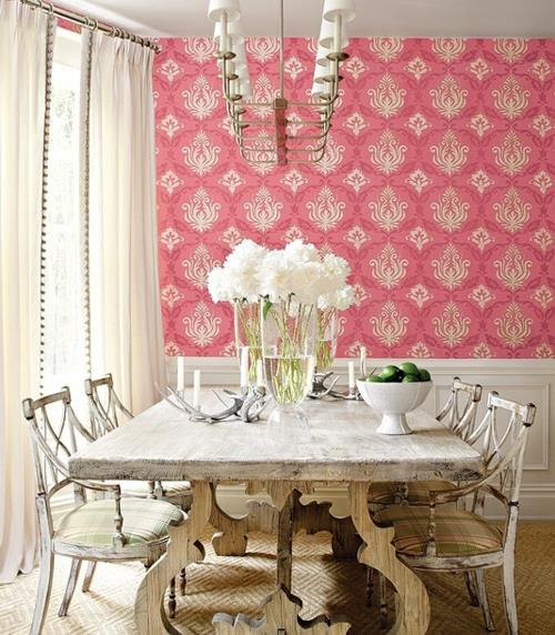 tyylikäs ruokasalin suunnitteluideoita naisellinen vaaleanpunainen seinätaustakuva puu