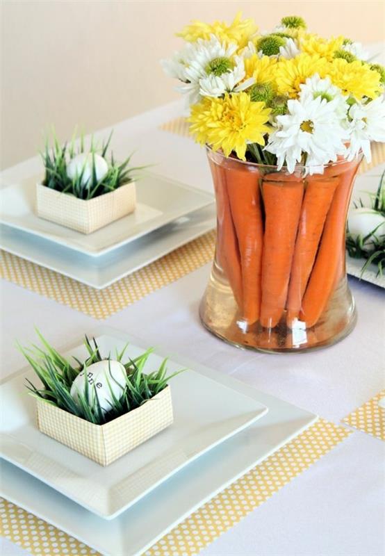 tyylikkäät pöytäkoristeideat pääsiäispöydän koriste -käsityöideat kevätkukat porkkanat pääsiäismunat