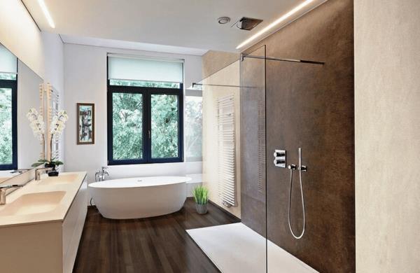 tyylikäs kylpyhuone ilman laattoja maanväriset valkoiset seinät