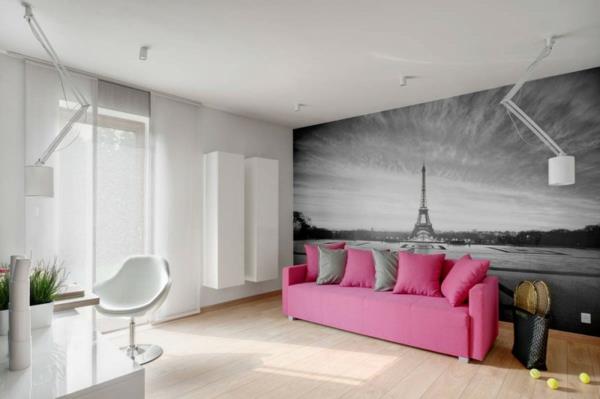 tyylikäs suunnittelija talo vaaleanpunainen sohva mustavalkoinen taustakuva