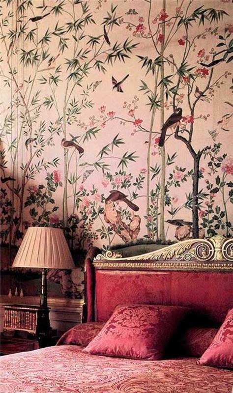 englantilainen tapetti kuvio vaaleanpunaiset seinän värit makuuhuone