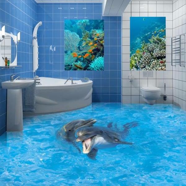 epoksihartsi lattia kylpyhuone delfiinit pari