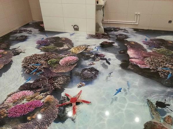 epoksihartsi lattia kylpyhuone meren eläimistö korallit meritähti kala