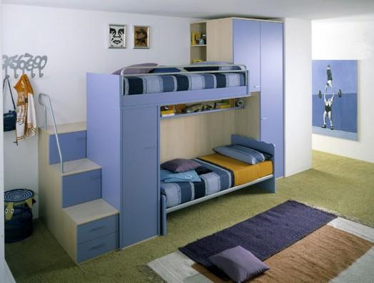 ergonominen lastenhuone suunnittelee modernit parvisängyt siniset värit portaat