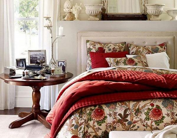 hämmästyttävä kevään sisustus makuuhuone punainen päiväpeite tyylikäs sivupöytä