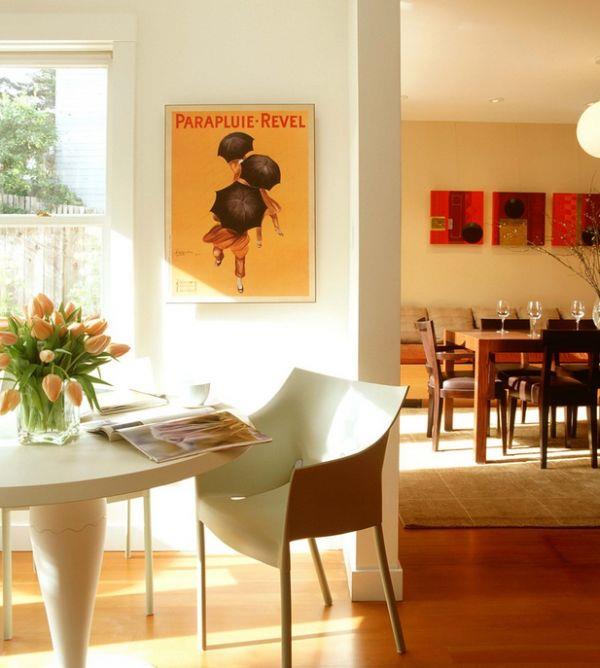ruokailutila huoneiden välissä idea design tuolit huonekalut seinäkoriste