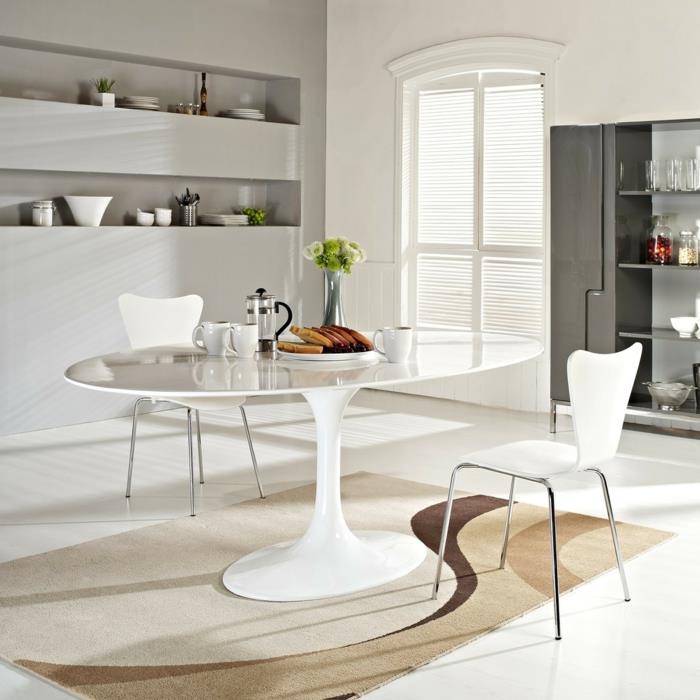 ruokapöytä suunnittelu soikea valkoinen tyylikäs matto