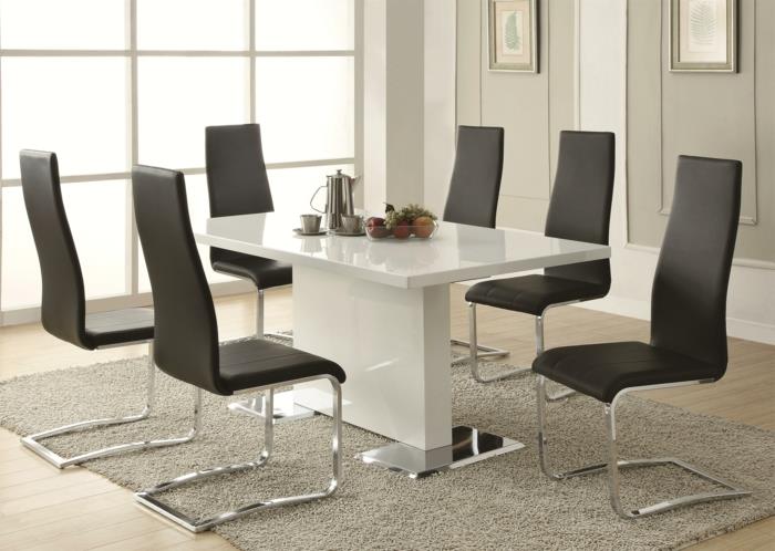 ruokapöytä suunnittelu suorakulmaiset valkoiset mustat tuolit