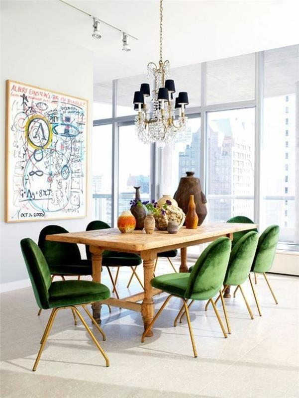 ruokapöytälamppu tyylikäs kattokruunu vihreillä tuoleilla