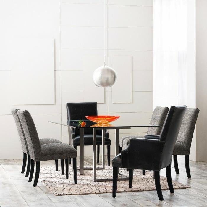 ruokasali sisustus lasipöytä tyylikkäät tuolit vaalean seinän väri