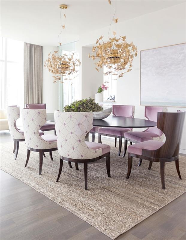 ruokasalin koristelu pastellin violetit aksentit pöytäkoristeet kasvit
