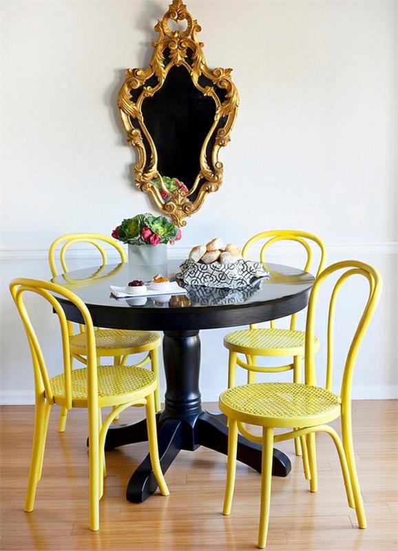 ruokasali ruokapöydän tuolit keltainen lakattu musta pöytä