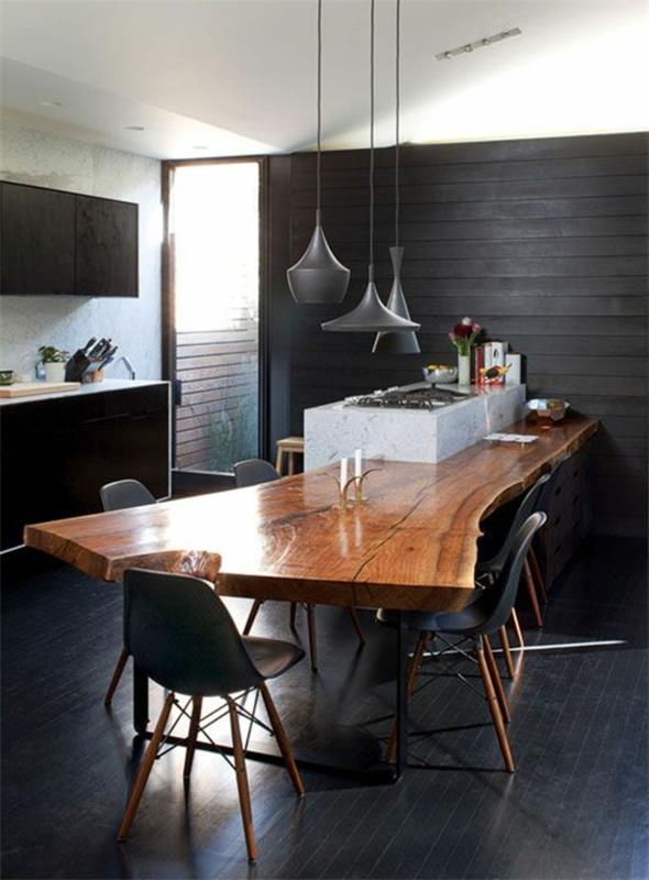 ruokasali maalaismainen ruokapöytä musta puupaneelit seinän suunnittelu
